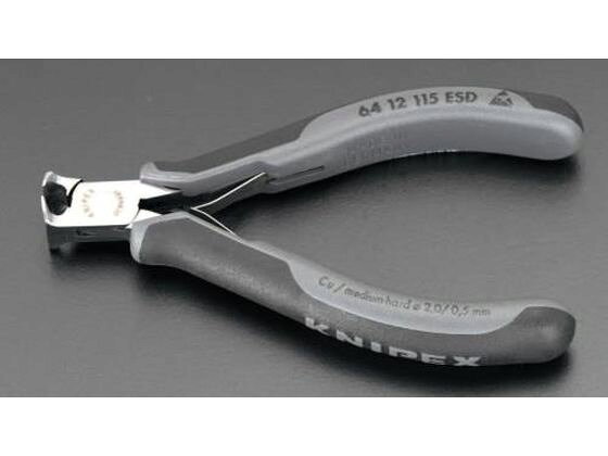 【仕様】●メーカー：KNIPEX（クニペックス）●型番：6412115ESD●全長：115mm●刃幅：16mm●ハンドル：コンフォート（ESD）●仕上げ：磨き●表面抵抗：1×10＾5〜1×10＾12Ω●硬度：HRC56●斜刃●バネ付【備考】※メーカーの都合により、パッケージ・仕様等は予告なく変更になる場合がございます。【検索用キーワード】エスコ　ESCO　えすこ　115mm精密用エンドニッパー(ESDグリップ　バネ付)　精密用エンドニッパーESDグリップバネ付115mm　弱電用工具　精密ニッパー　研究用総合機器用品　実験用小物・機材　工具類　はさみ・カッター・切断　EA536KE-31　EA536KE31　4518340096356　E88465