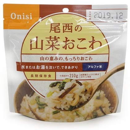 在庫状況により1か月程度お時間を頂く場合がございます。ご了承くださいませ。※在庫状況によりお届けが4月上旬以降となることがございます。予めご了承くださいませ。※お湯を注いで15分でできあがる非常時にも心強い尾西のアルファ米！山の恵みたたっぷりのもっちり山菜おこわです。お湯なら15分、水（15℃）なら60分でふっくら出来上がります。100％国産のもち米・うるち米を使用しています。スプーン付きで非常時でも安心。でき上がり量はちょっと大盛り210g。市販のおにぎり（約100g）2個分ぐらいです。●内容量（約）：100g（出来上がり量 210g）●原材料：もち米（国産）、うるち米（国産）、具（わらび・ぜんまい・えのき茸・細竹・ふき・きくらげ）、食塩、かつお節、みりん、醤油、かつお節エキス 、ぶどう糖、かにエキス、調味料（アミノ酸等）、甘味料（ステビア）、香料、酸味料、（原材料の一部に小麦を含む）●栄養成分（1袋 内容量約100gあたり）　エネルギー：361kcal　たんぱく質：6.3g　脂 質：0.9g　炭水化物：82.0g　ナトリウム ：603mg●賞味期限：製造より5年間（常温で保存可能）◇◆おススメ商品◆◇ まとめ買いでポイント10倍！ ★尾西のアルファ米　 山菜おこわ　≪1食分≫ 401SE★尾西のアルファ米　 山菜おこわ　≪10食セット≫ 401SE★尾西のアルファ米　 山菜おこわ　≪50食セット≫ 401SE※当商品はお取り寄せ品となります。 ご注文からお届けまで3週間ほどいただく場合があります。予めご了承ください。 ▼当店人気No.1のお水も合わせて準備しましょう！▼ ▼5年保存が可能なミネラルウォーター▼ あす楽対象商品に関するご案内 あす楽対象商品・対象地域に該当する場合はあす楽マークがご注文カゴ近くに表示されます。 詳細は注文カゴ近くにございます【配送方法と送料・あす楽利用条件を見る】よりご確認ください。 あす楽可能なお支払方法は【クレジットカード、代金引換、全額ポイント支払い】のみとなります。 下記の場合はあす楽対象外となります。 15点以上ご購入いただいた場合 時間指定がある場合 ご注文時備考欄にご記入がある場合 決済処理にお時間を頂戴する場合 郵便番号や住所に誤りがある場合 あす楽対象外の商品とご一緒にご注文いただいた場合【防災食品／防災／非常食／アルファ米／尾西／尾西食品／食品】【D】">