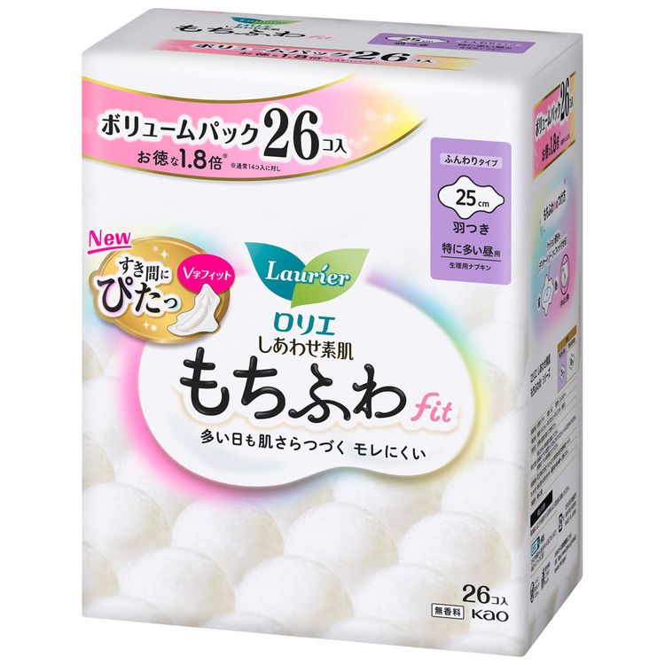 ナプキン 生理用品 羽つき ロリエ しあわせ素肌 もちふわfit 特に多い昼用 羽つき 26コ 25cm 花王 ロリエ 生理 生理用品 サニタリー もちふわFit ナプキン もちふわ 羽つき 無香料