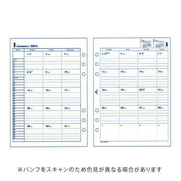 アシュフォード 2024年版システム手帳リフィル 月間ダイアリー カレンダー式 A5 月曜始まり('23.10〜'25.3) ASHFORD メーカー品番：0462-024 ●商品説明 　見開き1ヶ月のブロック式月間ダイアリーです。 　1日のブロックの中に罫線が入った(5行)書き込みやすいレイアウトです。 　祝日・日曜日に赤マークが付いた一目でわかりやすい書式です。 　左端には小さく1ヶ月分の日付が縦に並んでいるので、曜日や1週間の区切りをを気にせずに一覧で見れます。 　(月曜日始まり) ●ポイント 　月曜始まりで、土日が並んでいるので週末の予定も記入しやすい。 ●期間：2023年10月〜2025年3月　計18ヶ月 ●便利な付録：2年カレンダー、年代史&年齢早見表、ID/パスワードリスト、月別記録表 ●こんな方におすすめ ・月の予定を見渡したい ・数カ月分のダイアリーをセットしたい ・2年分の予定を手帳にセットしたい（去年の今頃何をしていたか確認したい） ・2通りの予定や進行を記入したい（計画と売上、仕事と私用を同時に見たいetc.） ●サイズ：210×148mmkeyword：ASHFORD　システム手帳　ダイアリー　スケジュール帳　文具　文房具　ステーショナリー　人気　おすすめ　オススメ　シンプル　替え紙　リフィル　レフィル　