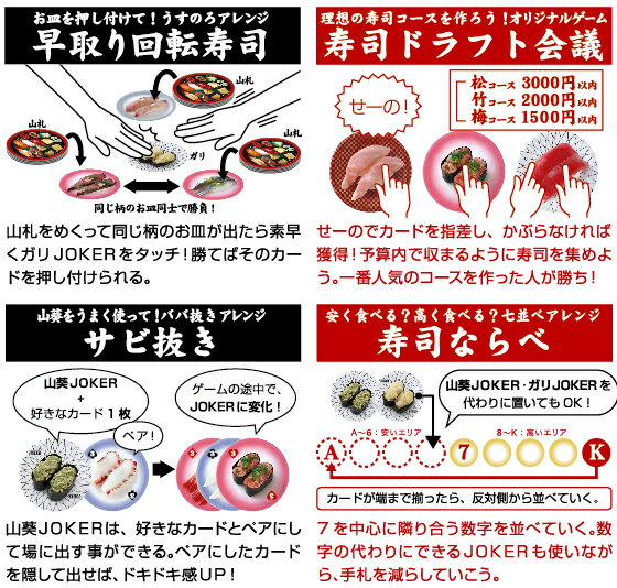 54種類の寿司で4つのゲームが楽しめる、リアルトランプが出来ました。魚のシルエットや旬カレンダーつきで、お魚の勉強にも！ アイアップ 寿司トランプ