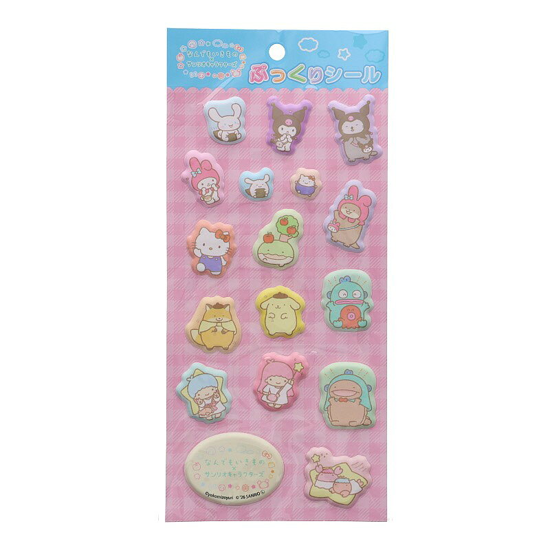 「サンリオキャラクターズ」と「なんでもいきもの」がコラボしたかわいいぷっくりシール☆ マシュマロみたいにふわふわだよ！ 【サイズ】本体：約H185×W95×D3mm 【素材】PVC　