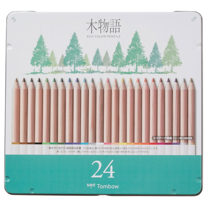 トンボ鉛筆 色鉛筆 S 木物語 24色セット 缶入 森林認証製品
