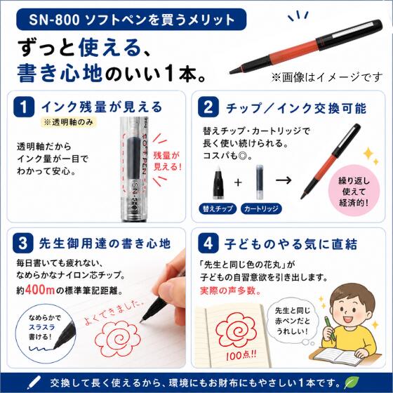プラチナ万年筆 ソフトペン SN-800C 先生の赤ペン 採点ペン 花丸 はなまる 丸付け 透明軸 赤軸 インク残量確認 チップ交換対応 塾 家庭学習 夏休み 学校用品 【メール便可】[M便 1/10] - Image 3