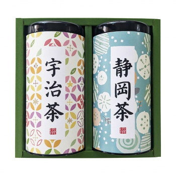 和をイメージしたデザインの缶で幅広い世代に人気があります。宇治茶は爽やかな味わいでとても飲みやすい煎茶、静岡茶は濃い味で甘味もある深蒸し茶となります。サイズ個装サイズ：19×19×8cm重量個装重量：520g仕様賞味期間：製造日より360日セット内容宇治茶110g・静岡茶110g各1缶生産国日本原材料名称：煎茶、深蒸し茶静岡煎茶・宇治煎茶:茶(国産)保存方法常温保存製造（販売）者情報浪速茶業株式会社fk094igrjs