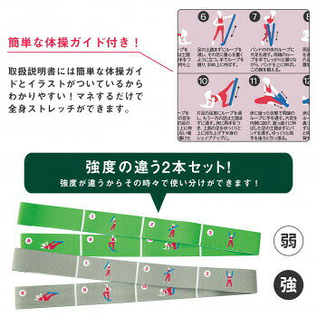 イラストをまねるだけで簡単ストレッチ 円高還元 イラスト付きのフィットネスバンド 2本組 強 グレー 弱 グリーン