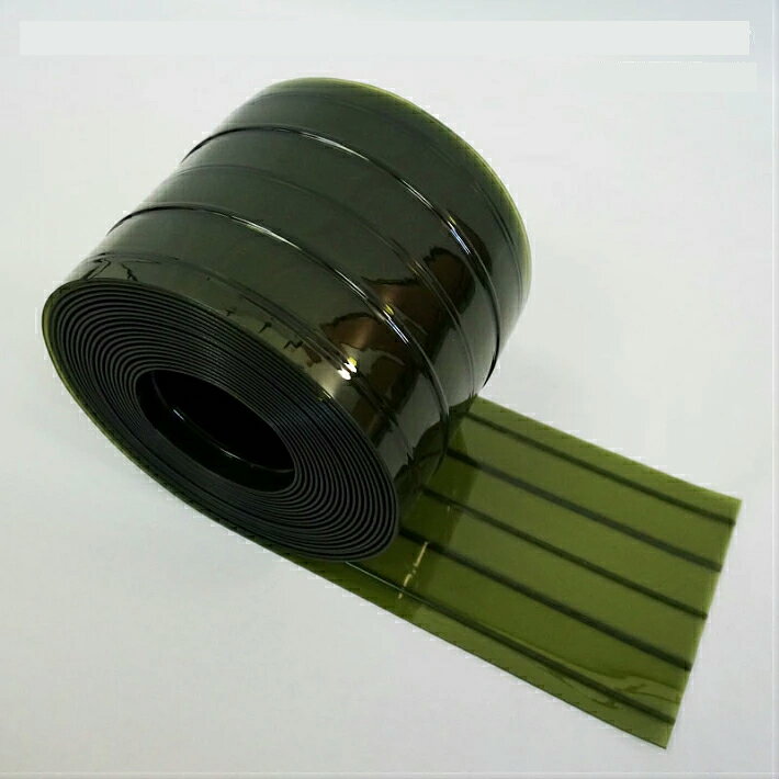 ストリップドアーシート（2mm×200mm）防虫オプトロングリーンリブ付30m巻　幅200mm厚み2mmの防虫効率の高いオプトロングリーンのビニールカーテンです。リブ付カーテンですので様々な個所での設置が可能です。お好きな長さにカットしてご利用ください。