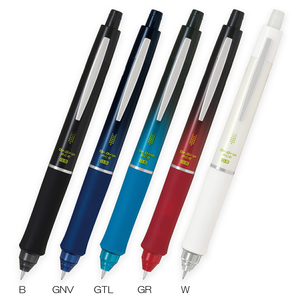 ●グリップ：シリコーンラバー ●さや：樹脂 ●替ゴム：HERFSS-10 ●単品サイズ：最大径Φ13.8mm、全長146mm ●単品重量：21.7g ●パッケージサイズ：190x50x23mm ●パッケージ重量：31g HDGAC-80R-B(ブラック),HDGAC-80R-GNV(グラデーションネイビー),HDGAC-80R-GTL(グラデーションターコイズブルー),HDGAC-80R-GR(グラデーションレッド),HDGAC-80R-W(ホワイト)●勉強全力サポートシャープペンシル。 ●フレフレ＆ノック式。 ●振るだけで芯が出るフレフレ機構。 ●人間工学に基づき無理なく握れて疲れにくい、グリップ。 ●ペン先がモグって芯が折れない。 ●予備の芯が残り1本になるとサインが出る、ラスイチサイン搭載。