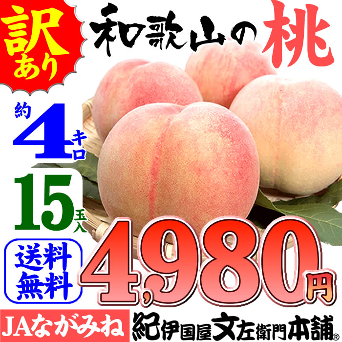 【予約販売】桃が美味！白鳳・白桃紀州和歌山の桃（もも・モモ）採れたてフレッシュ出荷　【ご家庭用　お買得品】4kg／15玉入[ながみね高津]訳あり お試し セット　和歌山県産