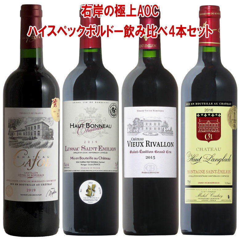 【極上版】ボルドー右岸飲み比べ 満喫尽くし 4本セット 送料無料 bordeaux wine カスティヨン サンテミリオン衛星 ギフト 父の日 ワイン 金賞 赤ワイン 750ML