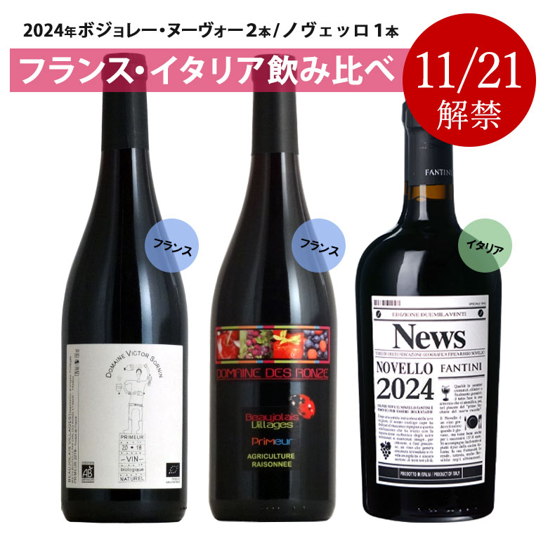 【解禁日11/16にお届け】 ＜2023フランス・イタリア新酒飲み比べ3本セット＞ 2023新酒 ボジョレーヌーヴォ2本+ヴィノ・ノヴェッロ1本 ブルゴーニュ イタリア ノヴェッロ 赤 天然酵母 有機 ボジョレーヌーヴォ 高樹齢 サンスフル ギフト プレゼント 750ML