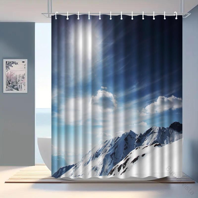 シャワーカーテン 防水加工 ポリエステル素材 デジタルプリント 雪山 風景 マウンテンビュー おしゃれ ..