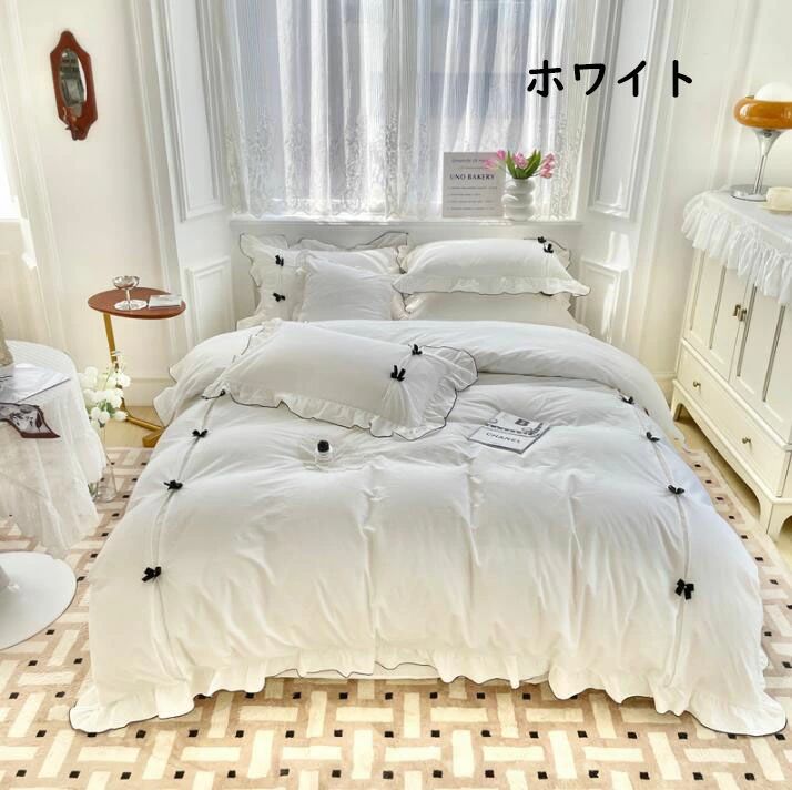 【送料無料】布団カバーセット シングル 可愛いリボン 姫系 白 ピンク レース フリル付き 綿100% 洗いざらし 超柔らかい 肌触り良い 上品 フラットシーツ 掛けカバー 枕カバー 3点セット 通気性 速乾 防ダニ 寝具カバーセット きれいめ おしゃれ プレゼント 洗濯可 春夏秋冬 [2]