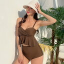水着 レディース ビキニ タンキニ 体型カバー ブラウン 茶 M L XL 可愛い 無地 20代 30代 40代 ママ水着 二の腕 ウエスト お尻 太もも カバーアップ 露出控えめ 大きいサイズ オールインワン オトナ女子 フリル