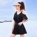 水着 レディース ワンピース 体型カバー ブラック 黒 M L XL 2XL 可愛い 無地 20代 30代 40代 ママ水着 二の腕 ウエスト お尻 太もも カバーアップ 露出控えめ 大きいサイズ オールインワン オトナ女子 フリル