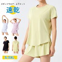 テニスウェア レディース 無地 上下セット 大きいサイズ ヨガウェア トップス 半袖Tシャツ ショートパンツ インナーパンツ付き 通気 速乾 薄手 夏 涼しい ...