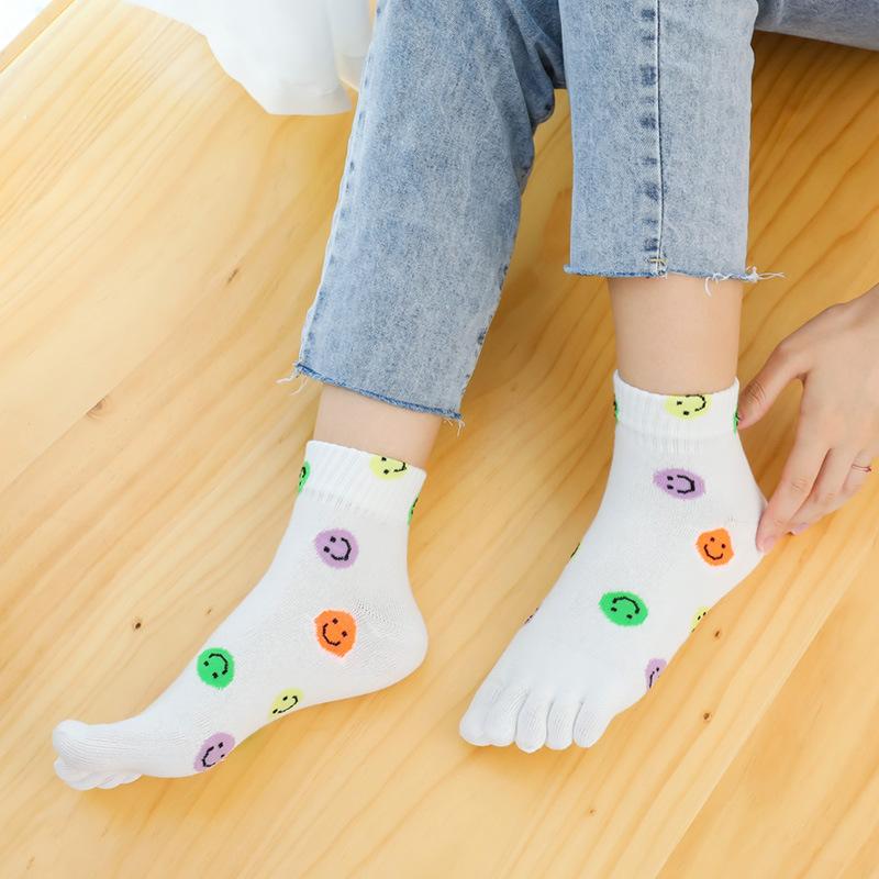 靴下 レディース ソックス 全綿 秋冬 かわいい スマイル 中筒 ショート リブ 通気 防臭 5本指 黒 白 グレー系(x10)