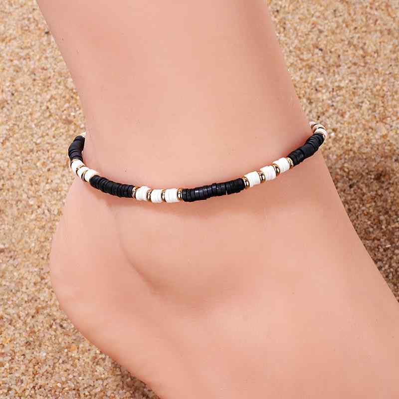 アンクレット レディース ボヘミアン ビーチ ビーズ 手作り 民族風 軟陶 ブラック ミントブルー