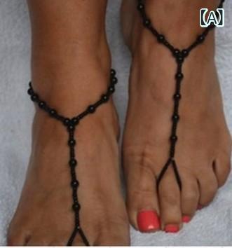 アンクレット レディース 女性用 パール ビーズ サンダル 光脚 ビーチ 黒 ブラック プラスチック 星形 伸縮性 韓国 アメリカ カジュアル スタイル(x2)