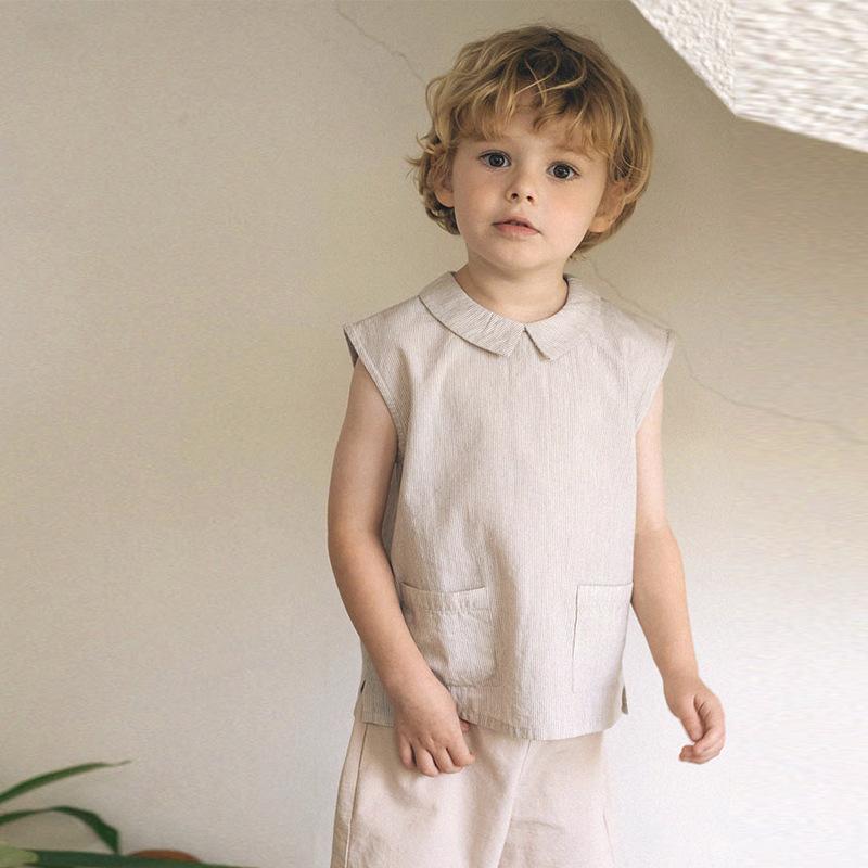 タンクトップ キッズ 春夏 亜麻 リネン ストライプ ベビー 子供服 男女兼用 かわいい ノースリーブ 襟付き