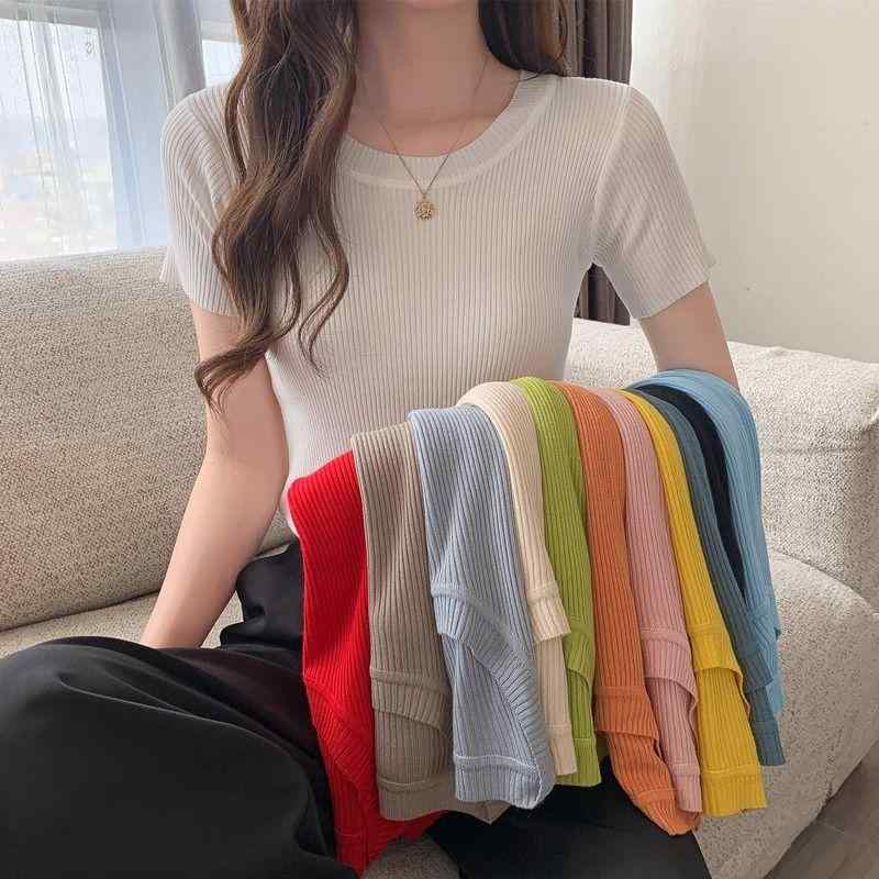 Tシャツ レディース ニット トップス 半袖 ラウンドネック スリムフィット 薄手 無地 プルオーバー カ..