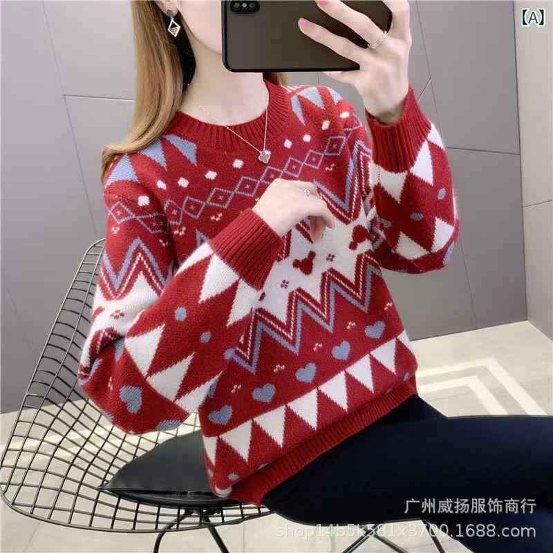 ニット レディース 厚手 プルオーバー トップス コットン 再生繊維 幾何学模様 ラウンドネック 長袖 ゆ..