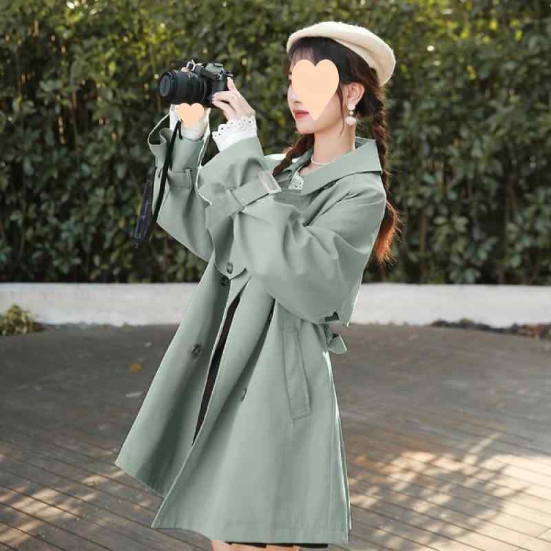 トレンチコート レディース 春秋 薄手 Aライン ミドル丈 カジュアル おしゃれ テーラード襟 カーキ ベージュ系