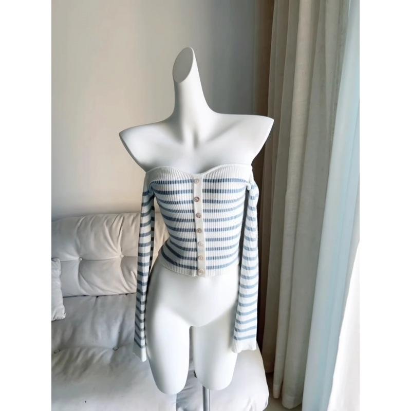 ニット レディース 一字肩 ボーダー トップス 長袖 プルオーバー ニットソー タイト スリム 着痩せ 配色 春秋 白 紺