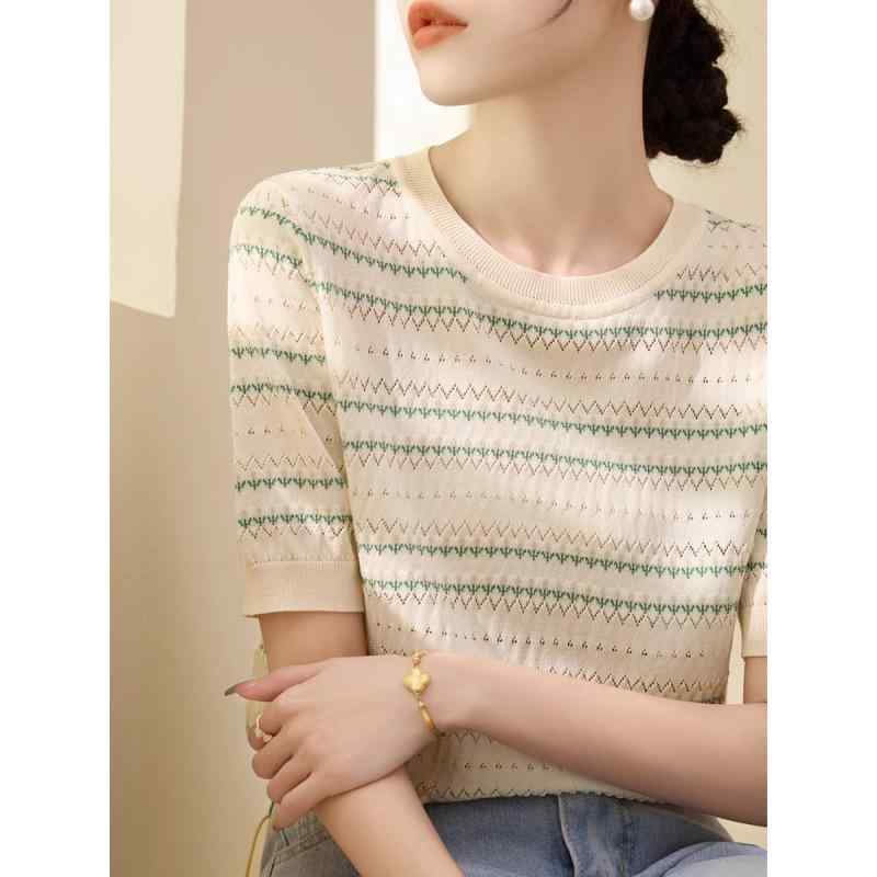 ニット レディース 接触冷感 Tシャツ 春夏 トップス 半袖 カットソー 配色 ラウンドネック プルオーバ..