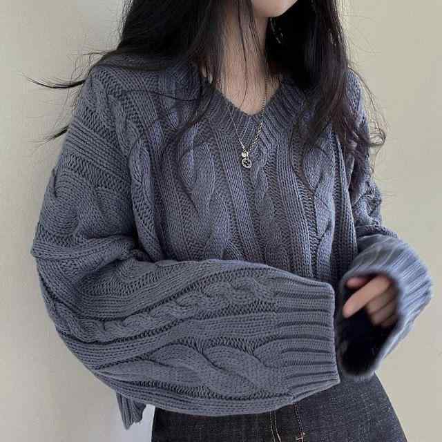 ニット レディース Vネック プルオーバー ケーブル編み ゆったり 普段使い 韓国 カジュアル 海軍ブルー..