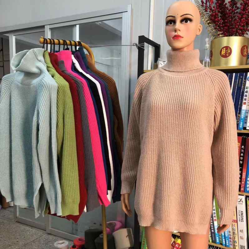 ニット レディース 高襟 セーター プルオーバー ドロップショルダー スリット ミドル丈 厚手 ゆったり 鹿の子編み風 無地 秋冬 深棕色 ダークブラウン