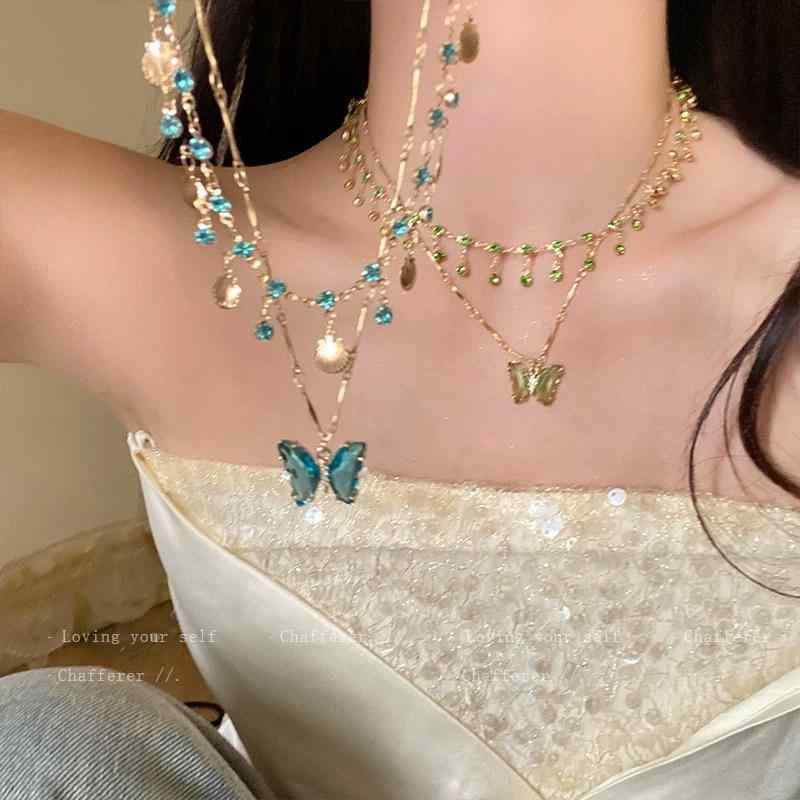 ネックレス レディース 蝶 バタフライ 二連 ダブル レイヤード タッセル チョーカー 首飾り ペンダント..