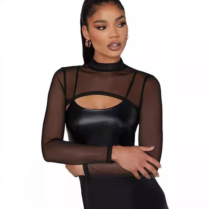 Tシャツ レディース 長袖 シースルー トップス スリムフィット ポリエステル 無地 ハーフハイネック ブラック ホワイト きれいめ 通勤 春秋(4)