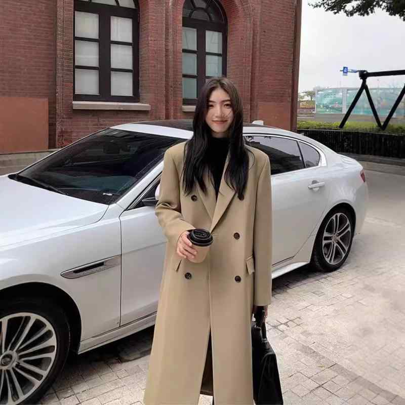 トレンチコート レディース 春秋 ポリエステル ゆったりシルエット ミドル丈 POLO襟 無地 ブラック カーキ(4)