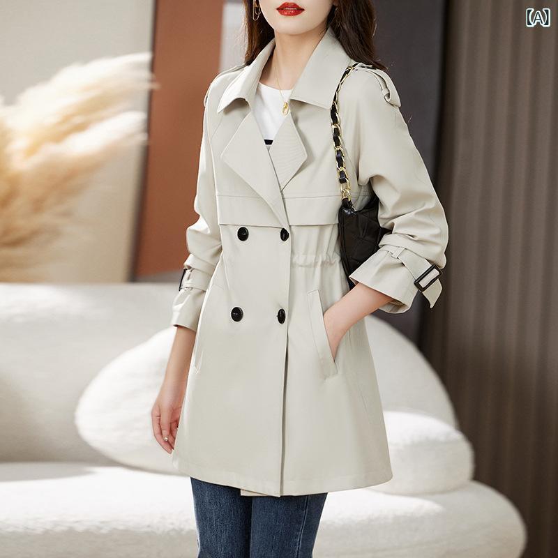 コート レディース テーラード 秋冬 ダブルブレスト ミドル丈 ポリエステル 粘性 通勤 米白 カーキ 紺色