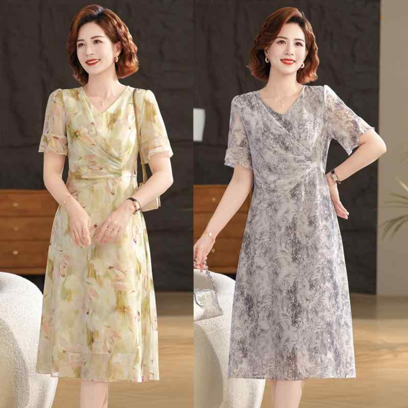 ワンピース レディース 40代 50代 半袖 Vネック 女性 夏服 ポリエステル 中長スカート エレガント イエロー グレー