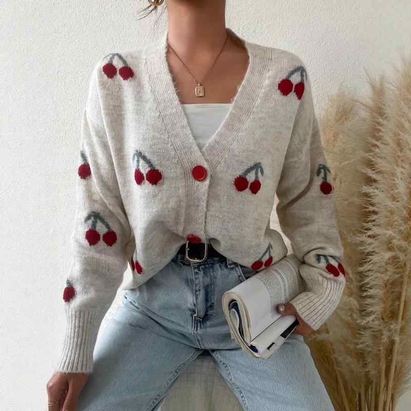 カーディガン レディース 桜刺繍 シングルブレスト ニット セーター Vネック ゆったり 厚手 ポリエステ..