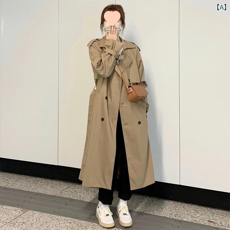 トレンチコート レディース ミドル丈 カーキ 春秋物 直筒型 POLO襟 長袖 スタイル ゆったり ポケット ダブルブレスト