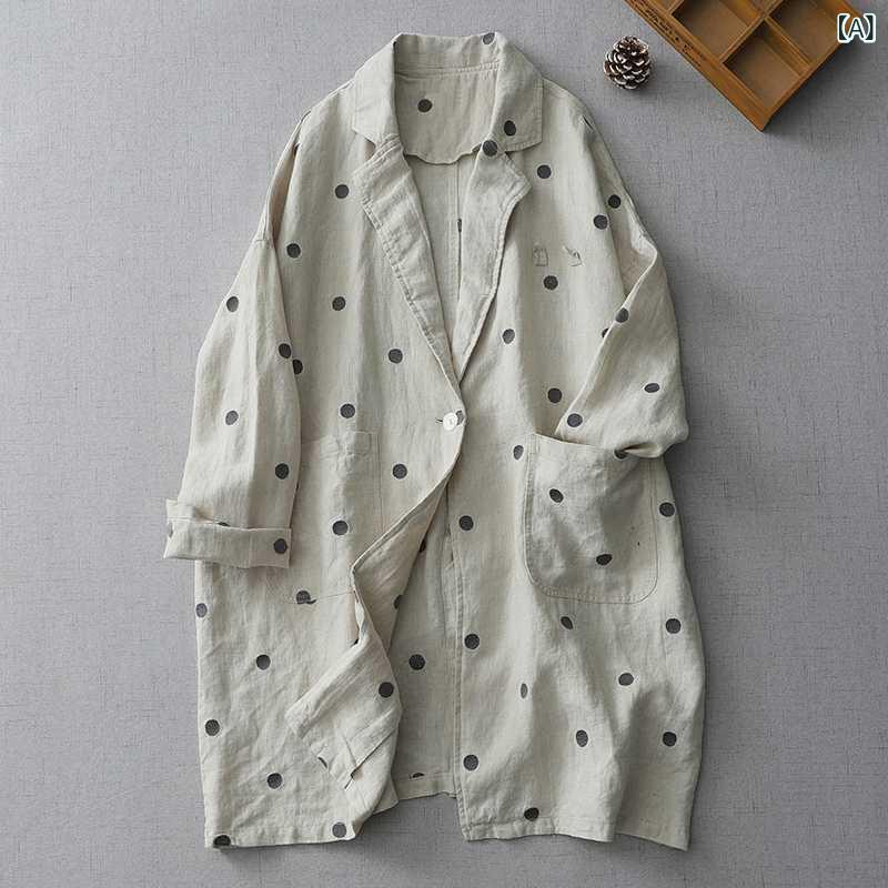 ジャケット レディース 亜麻 リネン 波点 ドット柄 長袖 ミドル丈 テーラード 薄手 ゆったり ナチュラル M L XL 2XL(x2)
