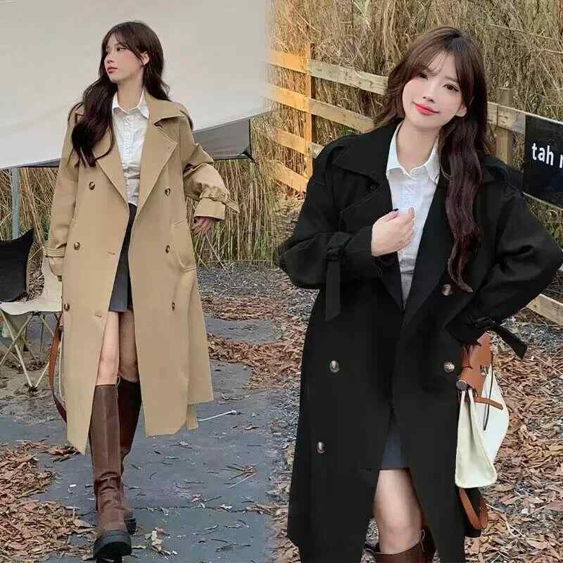 コート レディース 春秋 韓国 ミドル丈 ゆったり ピーコート ダブルブレスト 長袖 アウター カジュアル ブラック カーキ