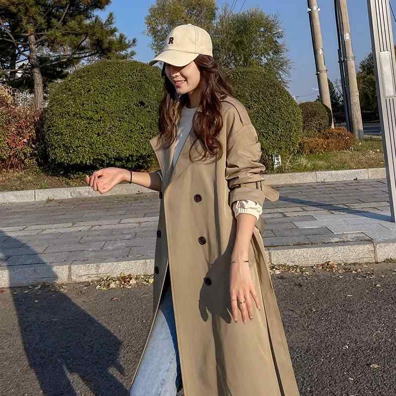 コート レディース ミドル丈 ポリエステル 秋物 無地 ゆったりシルエット ダブルブレスト 英国風 トレンチコート アウター カーキ