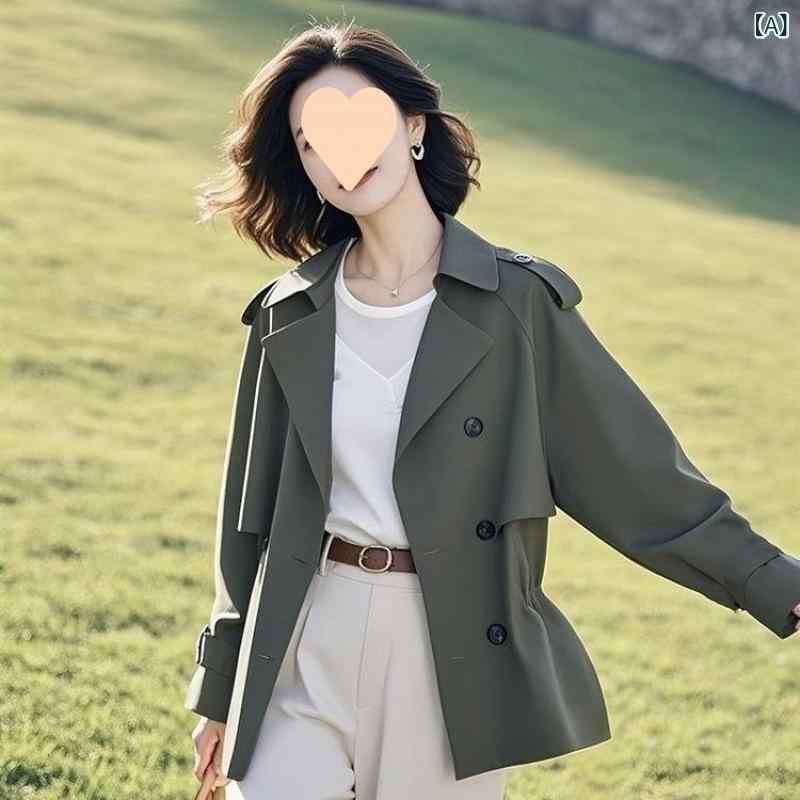 ジャケット レディース ショート丈 ゆったりめ カジュアル 緑 カーキ 黒 アウター 春秋 立襟 Aライン 飛袖 ポリエステル 通勤 きれいめ