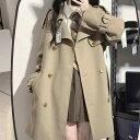 トレンチコート レディース ショート丈 春秋 韓国 かわいい アウター ポリエステル 無地 裏地付き Khaki 黒(x2)