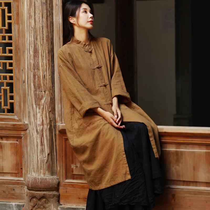 カーディガン レディース 麻 リネン ゆったりサイズ 厚手 スタンドカラー 無地 ミドル丈 長袖 ブラウス..