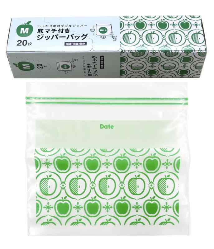 コア フリーザーバッグ マチ付き Mサイズ グリーン 20枚 レトロ柄 ダブルジッパー ジッパーバッ
