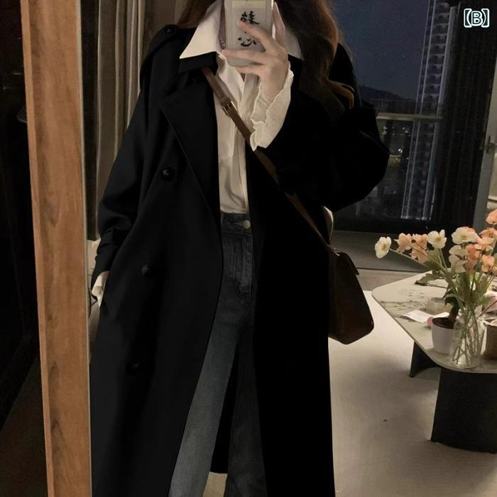 コート レディース ミドル丈 低身長 年 秋物 アウター 韓国 POLO襟 ゆったり 伸縮性 風 ブラック カーキ