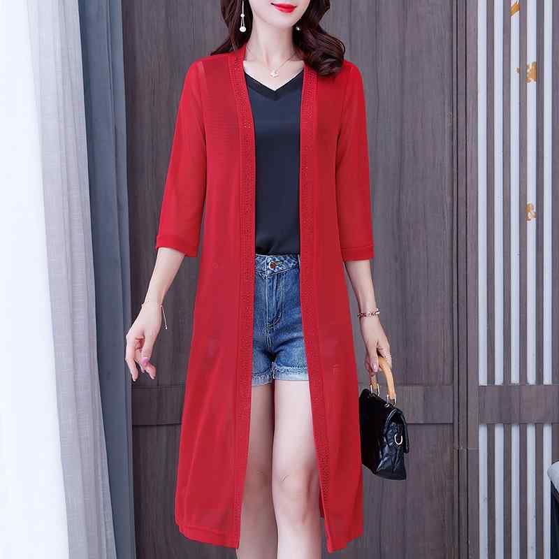 カーディガン レディース 薄手 シアー メッシュ トップス 春夏 ロング丈 七分袖 無地 通勤 OL オフィス..