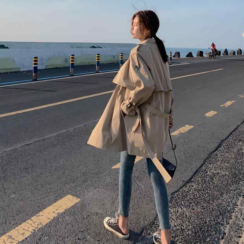 トレンチコート レディース 春秋 ショート丈 ミドル丈 ゆったり 韓国 Aライン 無地 アウター カーキ ブラック