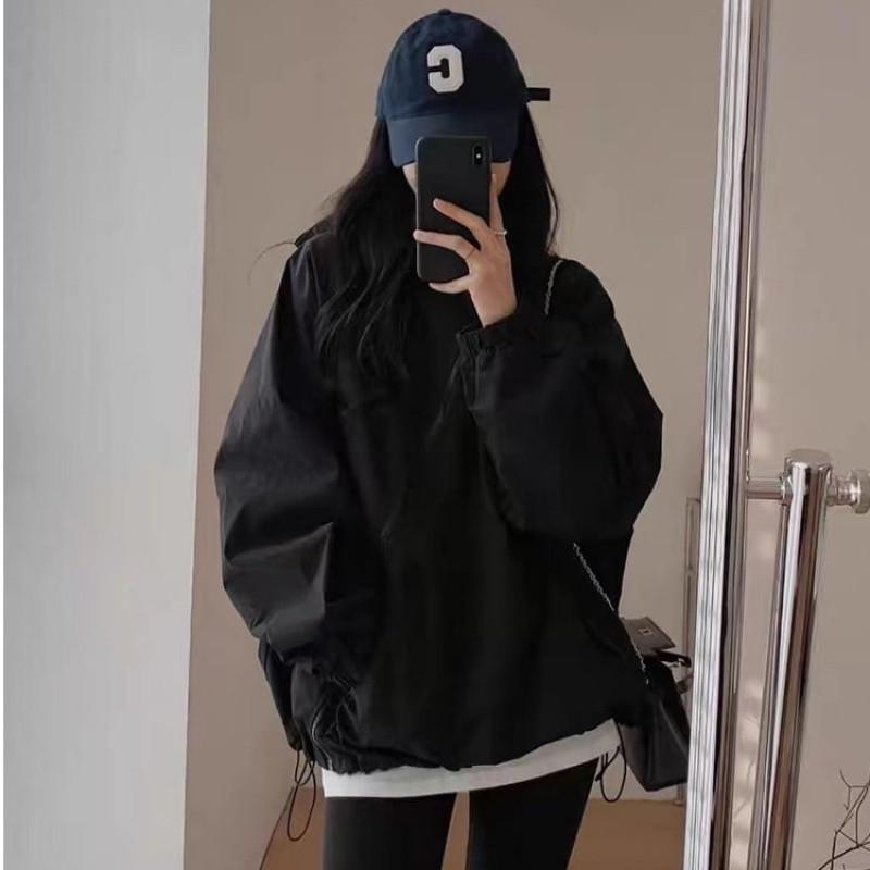 ジャケット レディース ゆったり フード付き 防風 ポリエステル 運動着 スポーティー カジュアル 黒 アプリコット 長袖