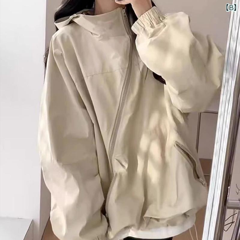 ジャケット レディース ゆったり フード付き 防風 ポリエステル 運動着 スポーティー カジュアル 黒 アプリコット 長袖